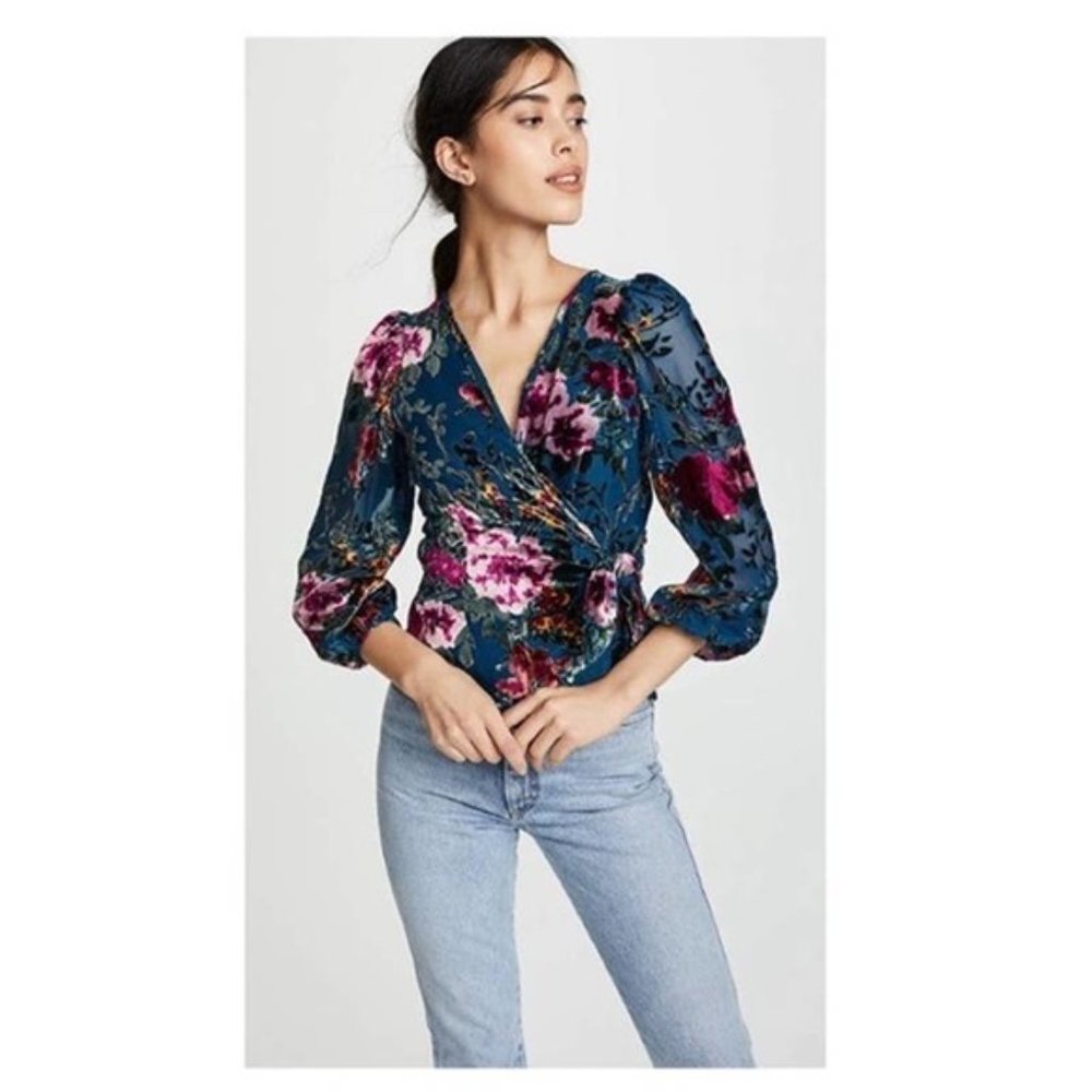 Yumi Kim Floral Elite Velvet Wrap Top Blouse Blue
